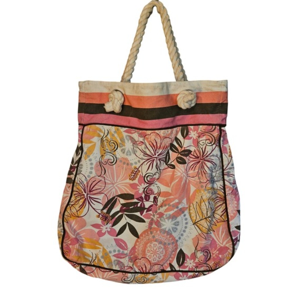 Aeropostale Canvas Beach Tote Bag Floral Tropical Pink Orange Rope Handle Large